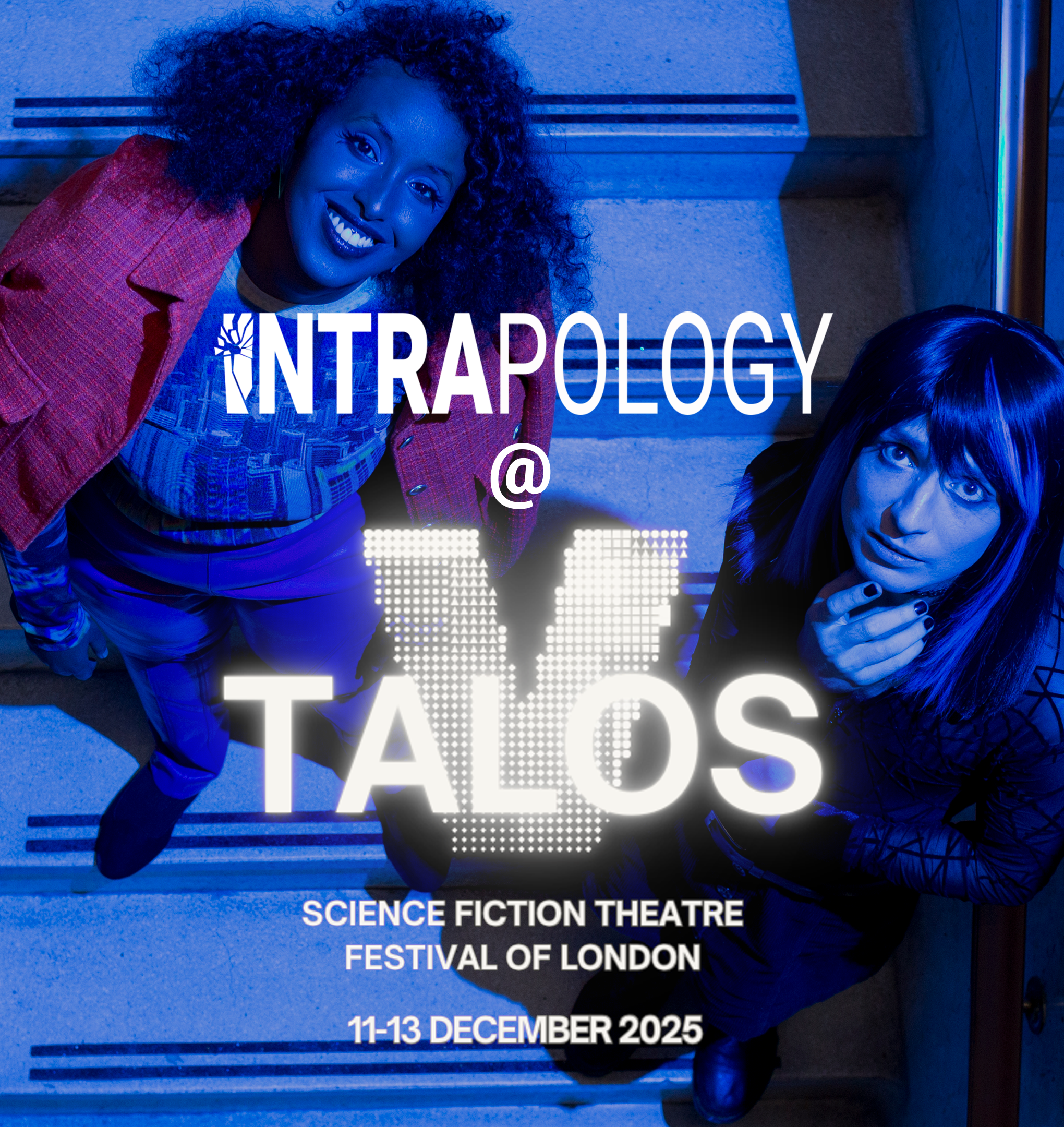 A chill black woman and an anxious white non-binary person stand on a marble staircase under a blue light. Text shows key details listed in the article below.