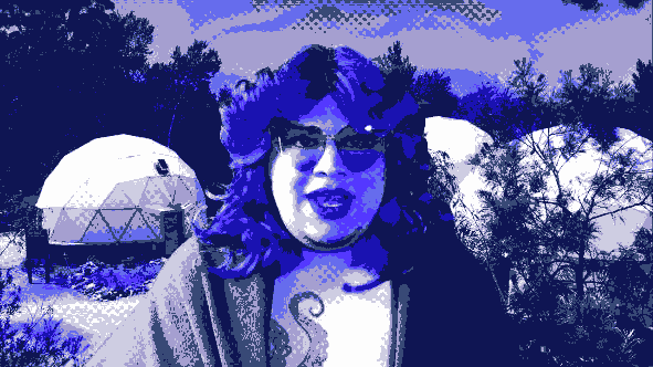 Dither compressed image in blue showing a non-binary person with tentacle tattoo in an idyllic area with geodesic domes