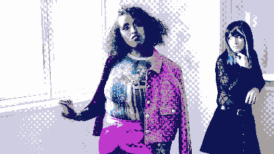 Dither compressed image of a Black woman dressed in pink, looking curiously into the middle distance, and a white non-binary person dressed in black, looking fearfully out of a window